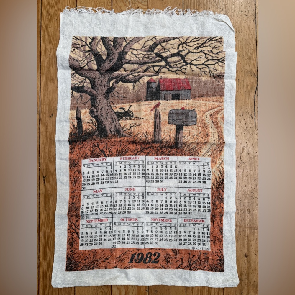 Vintage 1982 Linen Dish Towel with Rustic Farm Scene